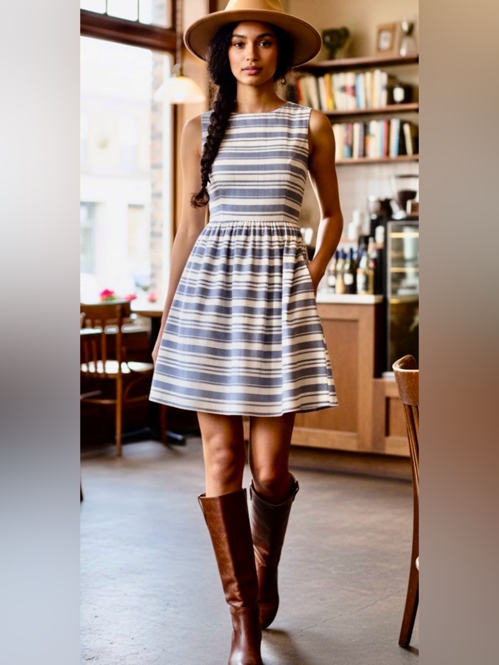 VINCE CAMUTO Sleeveless Dress. Blue & Ivory Striped Seersucker. Fully Lined. ☀️